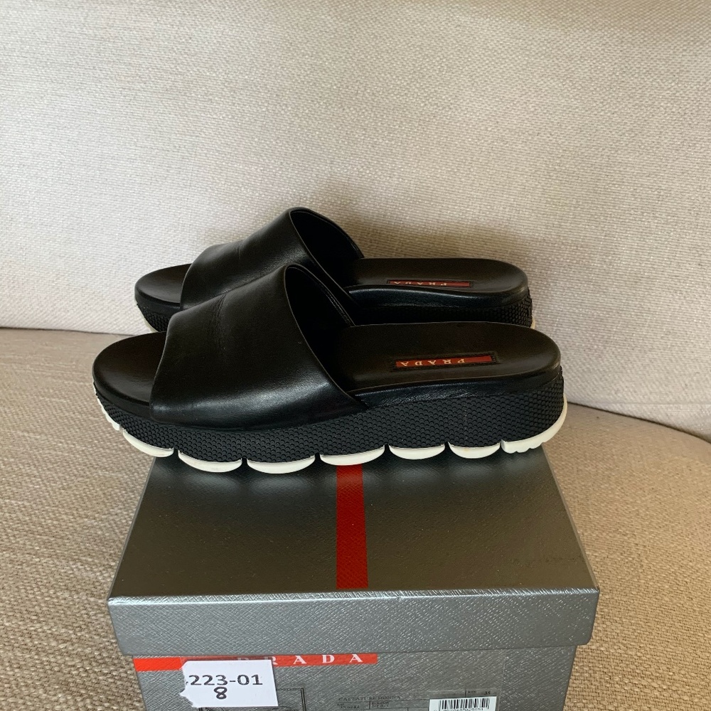 Prada Slide Sandel Black Leather Upper Rubber Bott